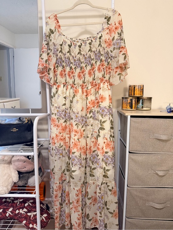 Dresses & Skirts - Floral Off-Shoulder Maxi Dress - Cream with Coral & Lavender